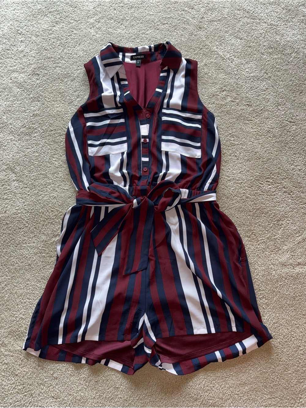 Express Sleeveless Striped Tie-Waist Romper - Burgundy, Navy & White